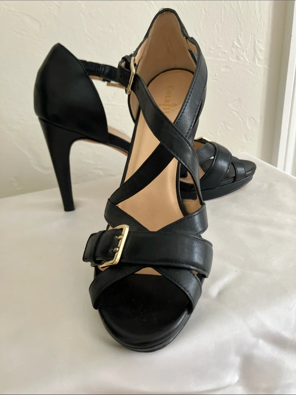 Cole Haan Black Leather Strappy High Heel Sandals with Gold Buckles